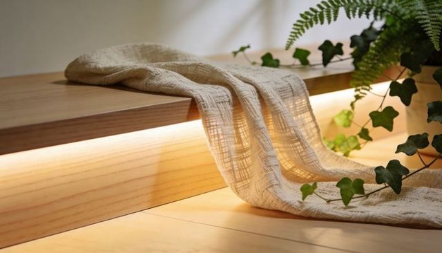 Beige knitted throw draping over light wood step with warm led glow and ivy