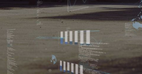 Global business graphs overlaid on city walkway movement