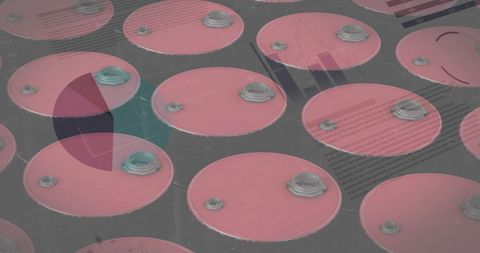 Digital analytics overlaid on red oil barrels
