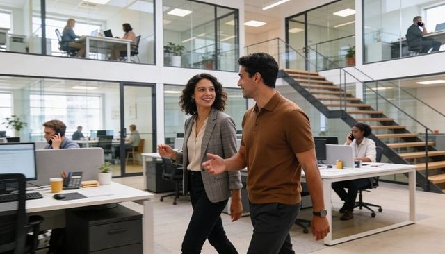 Colleagues walking and conversing in modern two-story open office with glass partitions