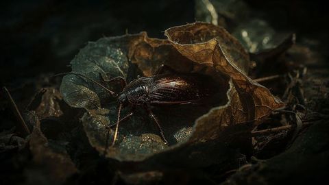 Ground beetle sheltering under leaf in damp forest floor macro