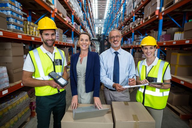 Warehouse manager and client standing with co-workers in a distribution center. They are surrounded by shelves filled with boxes and products. The team is wearing safety vests and hard hats, indicating a focus on safety and professionalism. This image can be used for business, logistics, supply chain management, and teamwork-related content.