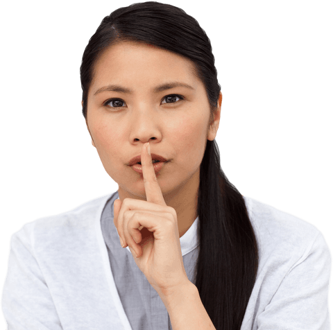 Serious Businesswoman with Transparent Finger on Lips Gesture