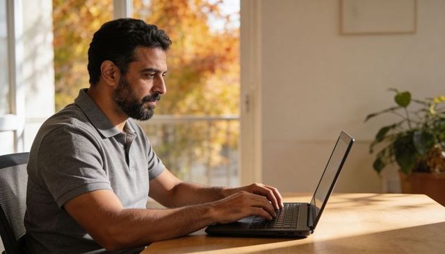 Focused man working remotely on laptop at sunlit home desk by balcony with autumn view