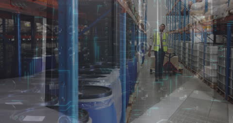 Digital Data Overlay in Modern Warehouse Featuring Female Worker