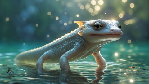 Albino salamander in tranquil forest pond with light bokeh