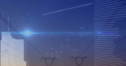 High-Voltage Transmission Towers Over Urban Skyline with Power Grid Data Visualization