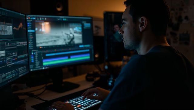Video editor working late on multiscreen editing workstation with illuminated keyboard