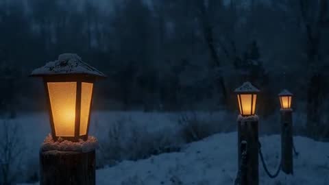 Snowy lanterns glowing along quiet winter path at dusk, cinematic slow pan loop