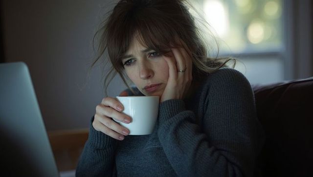 Woman Relaxed by Laptop with Tea Mug in Comfortable Living Room