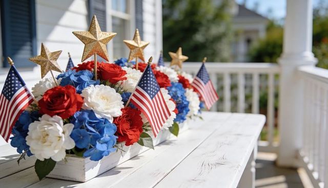 Patriotic red white blue porch floral centerpiece with american flags and gold stars