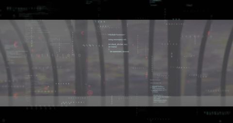 Translucent hud overlay over seaside railing with floating code and ui glyphs