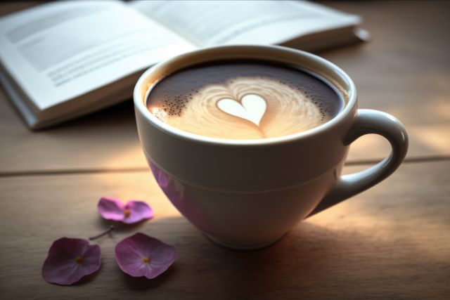 Featuring a coffee cup with heart-shaped latte art and an open book on a wooden table, evoking a cozy and relaxing morning atmosphere. Great for use in advertising, blogs, and social media content about relaxation, leisure, coffee culture, or inspiring readers.