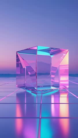 Vertical glass cube refracting magenta and cyan light on grid floor with pastel sky