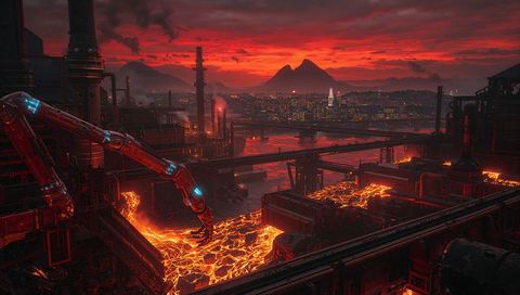 Futuristic industrial landscape with molten lava factory