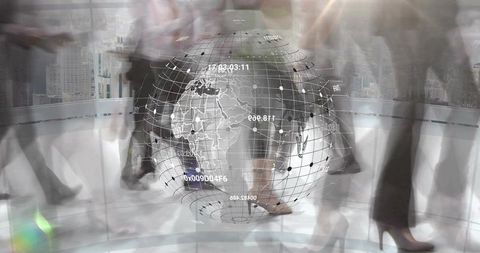 Holographic Data Globe Projected in Busy Office Atrium with Moving Professionals