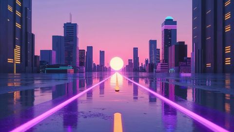 Futuristic dusk cityscape with neon collaborating architectural wonders