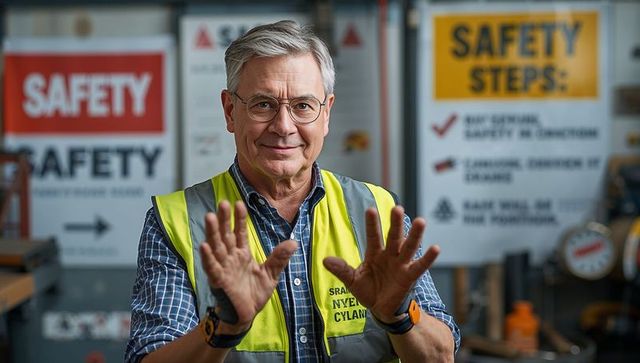 Senior worker wearing hi-vis vest signaling safety in industrial workshop with signage