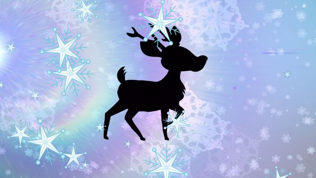 Fun and festive illustration of a cartoon fawn in a winter wonderland with snowflakes and stars. Great for holiday cards, children's Christmas stories, festive social media posts, winter-themed decorations, and digital art projects.