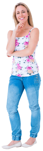 Transparent cheerful blonde woman smiling in casual outfit