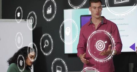 Presenting Digital Strategy with Augmented Reality Icons in Corporate Team Meeting