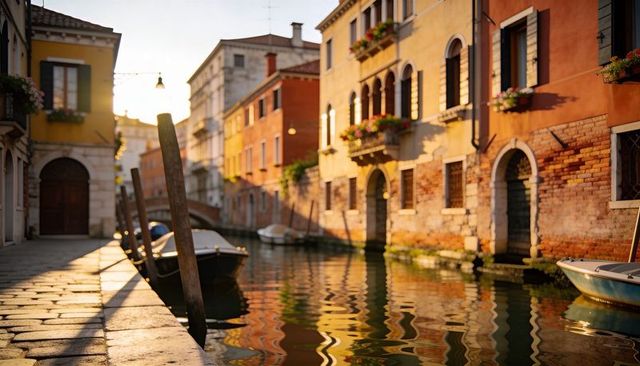 Gleaming sunlit canal reflecting warm facades with moored boats and flowered balconies