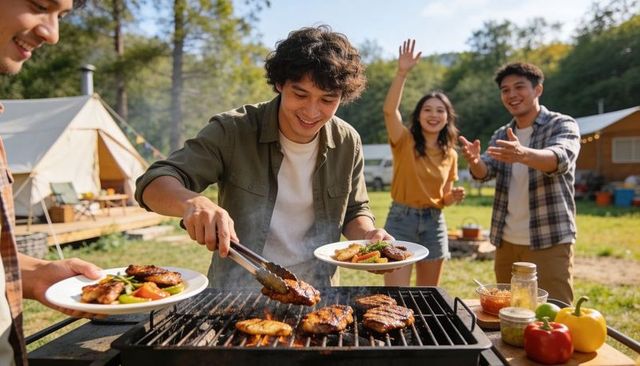 Grilling burgers at campsite, friends serving patties with tongs for outdoor cookout