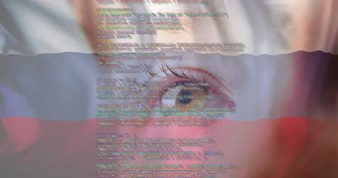 Close-up female eye with glitch code and tricolor bands, surveillance and identity concept