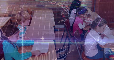 Children Studying Overlaid with Statistics and Financial Charts