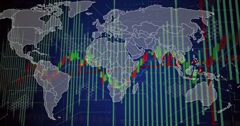 Global Financial Market Candlestick Chart Overlay with World Map