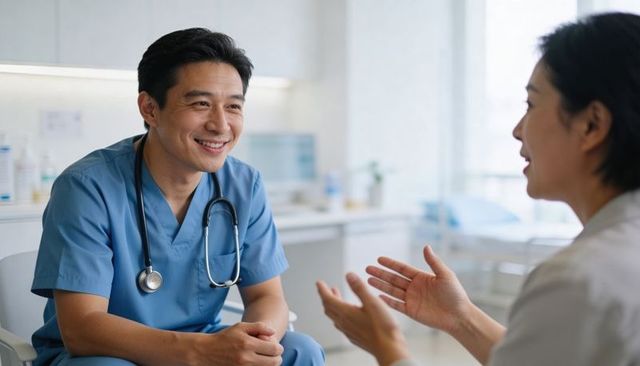 Smiling doctor leaning forward listening to patient clinic consultation with stethoscope