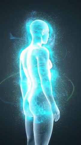 Rotating Holographic Human Figure Emitting Cyan Energy Ribbons in Dark Void Vertical Video
