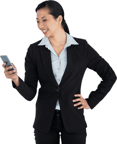 Businesswoman in Suit Smiling at Mobile Phone Transparent