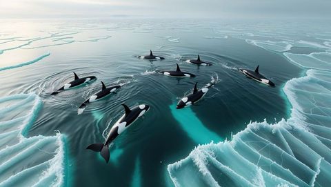 Pod of orcas navigating icy waters in stunning arctic landscape