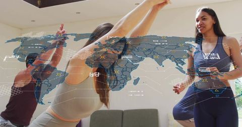 Group stretching workout at home with instructor leading augmented reality overlay