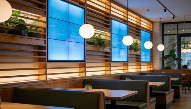 Dining in modern minimalist cafe with banquette booths, globe pendant lights, blue panels
