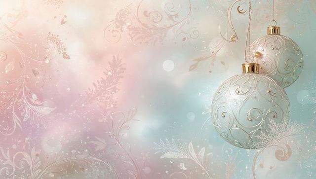 Hanging gold filigree mint Christmas baubles on glowing pastel bokeh background