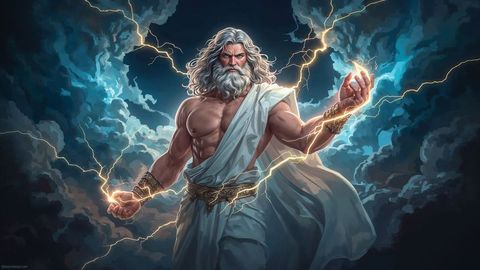 Mythological Thunder God Commanding Storm with Lightning