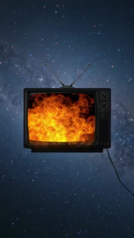Retro CRT TV powering with antennas displaying flames, drifting backward revealing galaxy
