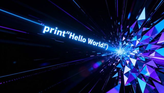 Neon Code Stream print("Hello World!") Racing Through Futuristic Crystal Shards