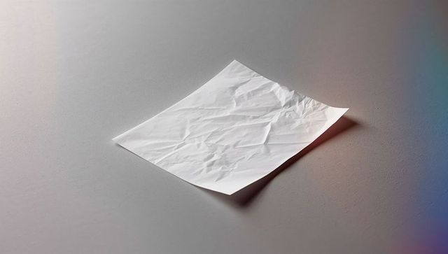Crumpled white paper sheet on smooth grey table surface