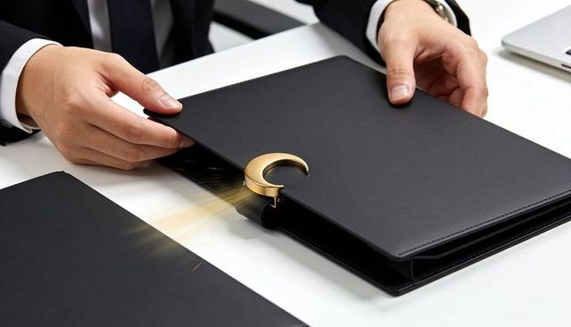 Executive opening black leather portfolio with gold crescent clasp and soft glow