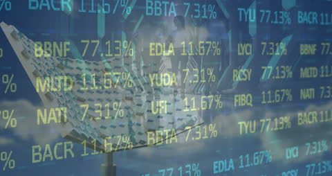 Financial Animation with Overlay of Solar Panel for Eco Energy and Market Trends