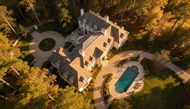 Aerial luxury stone mansion with curved driveway, planted island and pool at golden hour