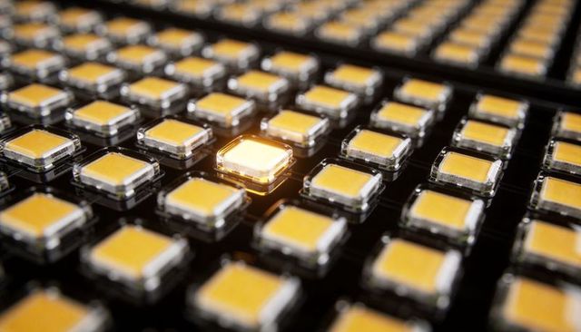 Glowing SMD LED Matrix Highlighting Single Warm Yellow Chip on Black PCB Macro Close-up