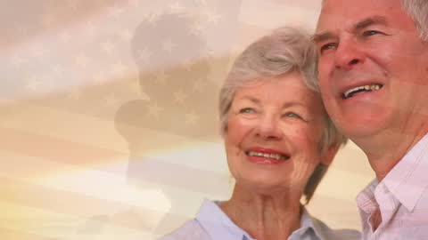 Senior Caucasian Couple Smiling with Overlay of USA Flag