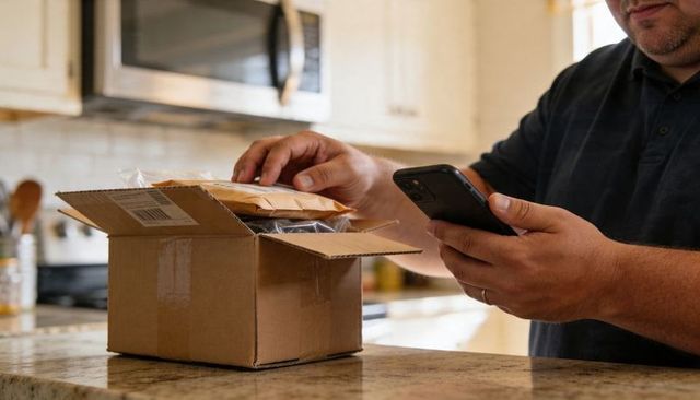 Man checking smartphone while opening delivery package on granite kitchen countertop
