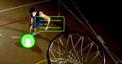 Basketball Player Dribbling with Digital Overlay on Court