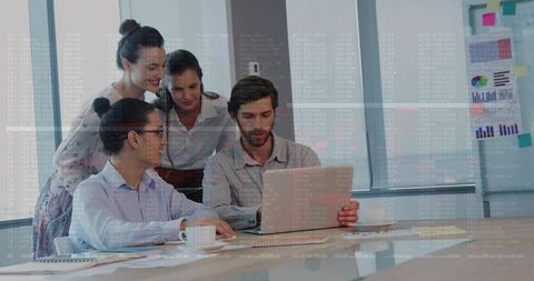 Business team collaborating over laptop analyzing animated charts and data for strategy