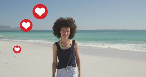 Social Media Icons With African American Woman at Beach